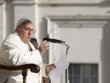 Pope Francis speaks at his general audience in St. Peter's Square on March 29, 2023.