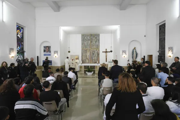 Pope Francis presided over a livestreamed Mass for more than 80 inmates, family, staff, and guards in the chapel of the Casal del Marmo juvenile detention center on Rome’s outskirts on April 6, 2023. Credit: Vatican Media