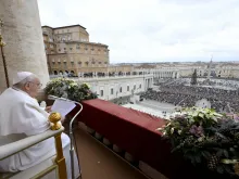 Pope Francis delivers his annual “urbi et orbi” address on Christmas from the central balcony of St. Peter’s Basilica on Dec. 25, 2023.