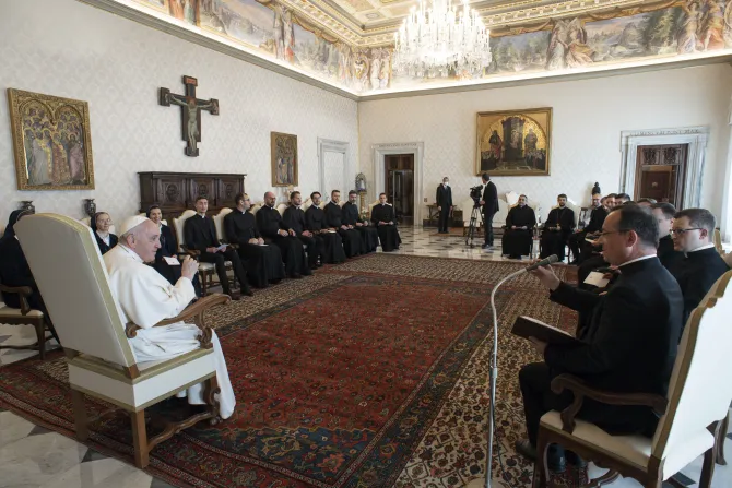 Pope Francis meets with the community of the Pontifical German Institute of Santa Maria dell'Anima in Rome on April 7, 2022.