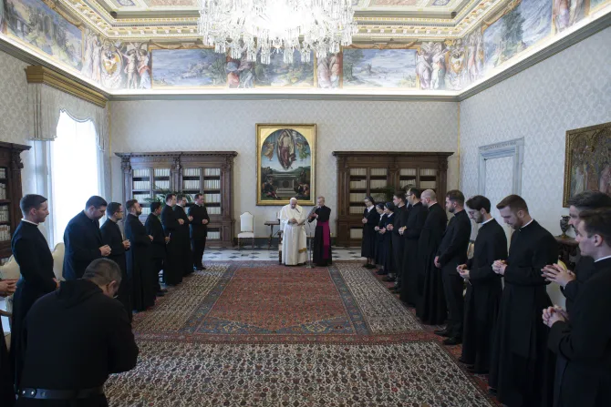 Pope Francis meets with the community of the Pontifical German Institute of Santa Maria dell'Anima in Rome on April 7, 2022.