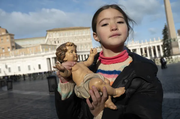 People brought their Baby Jesus figurines for Pope Francis to bless during his Angelus for the Third Sunday of Advent in St. Peter's Square Dec. 11, 2022. Vatican Media.