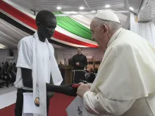 Pope Francis meets a boy living in an IDP camp during a gathering in Juba, South Sudan, on Feb. 4, 2023.