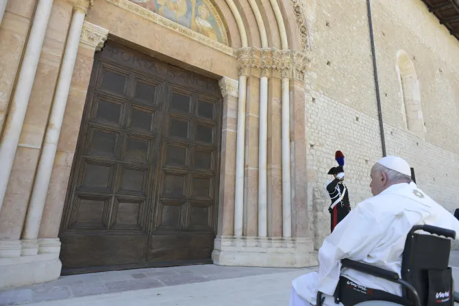 Pope Francis opens the Holy Door in L'Aquila, Italy on Aug. 28, 2022.