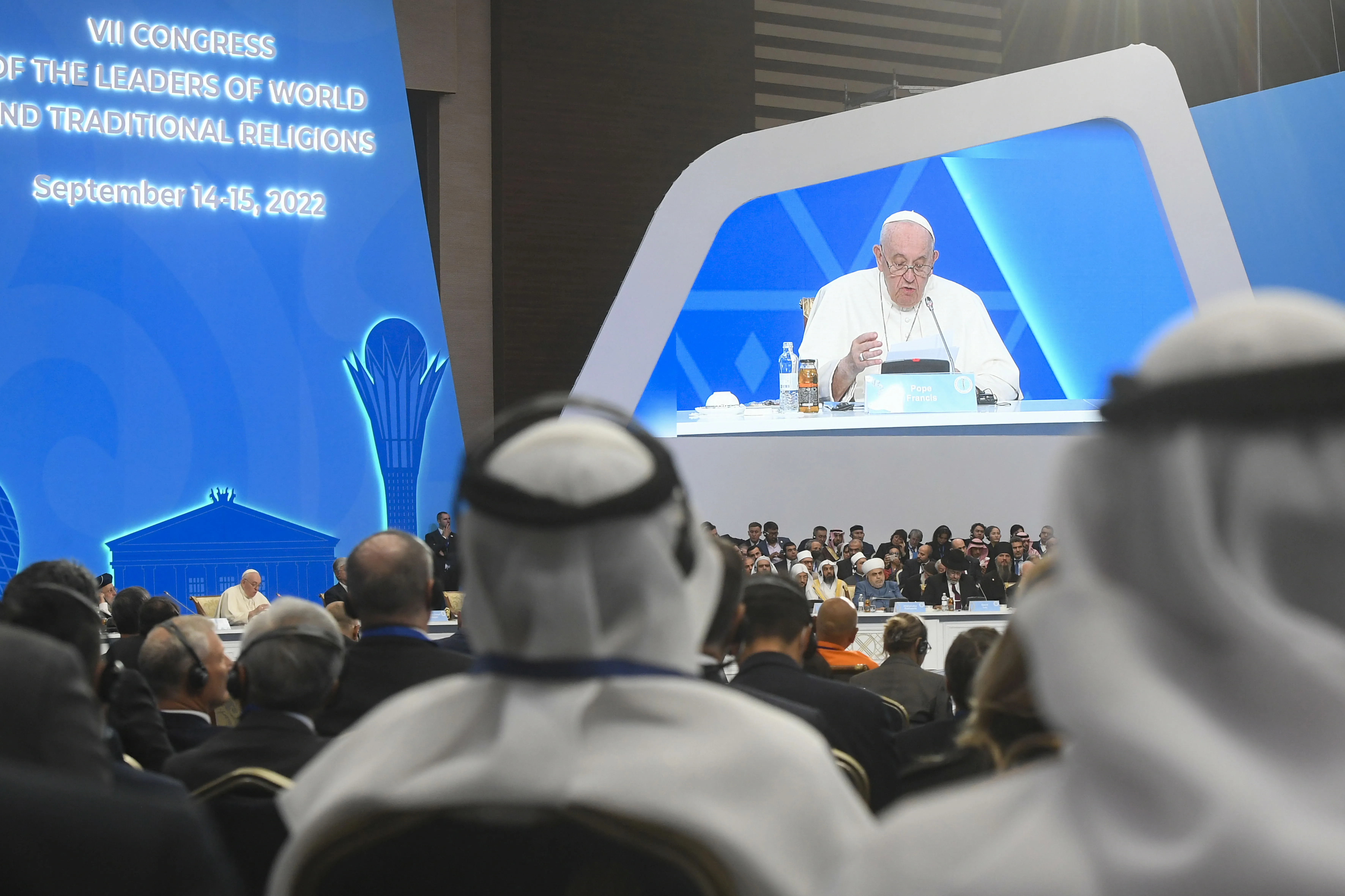 Pope Francis speaking at the opening and plenary session of the Seventh Congress of Leaders of World and Traditional Religions at the Palace of Independence in Nur-Sultan, Kazakhstan, Sept. 14, 2022?w=200&h=150