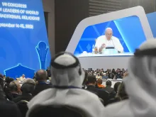 Pope Francis speaking at the opening and plenary session of the Seventh Congress of Leaders of World and Traditional Religions at the Palace of Independence in Nur-Sultan, Kazakhstan, Sept. 14, 2022
