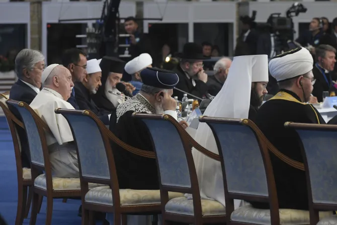 Pope Francis amid other participants at the Seventh Congress of Leaders of World and Traditional Religions at the Palace of Independence in Nur-Sultan, Sept 14, 2022