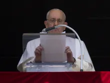 Pope Francis addresses the crowd in St. Peter’s Square in his Sunday Angelus on July 16, 2023.