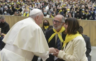 Pope Francis greets a couple during a meeting with members of the Retrouvaille marriage ministry Nov. 6, 2021 Vatican Media