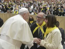 Pope Francis greets a couple during a meeting with members of the Retrouvaille marriage ministry Nov. 6, 2021