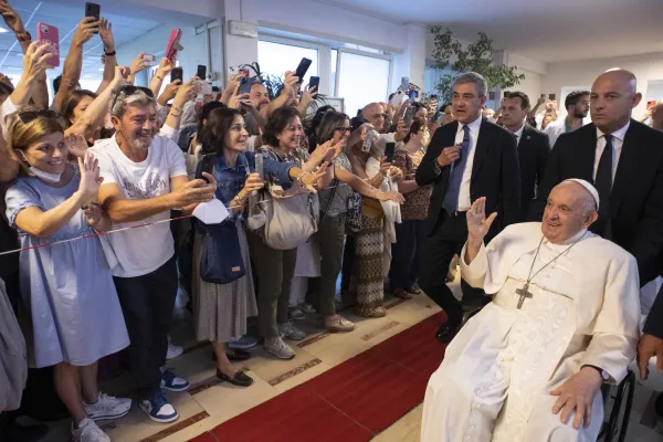 Pope Francis waves to other patients as he leaves Rome's Gemelli Hospital shortly before 9 a.m. on June 16, 2023. Before returning to the Vatican, he stopped to pray in front of the historic Marian icon of Salus Populi Romani at St. Mary Major Basilica and made a quick visit to a group of religious sisters close to St. Peter's Square. Vatican Media.