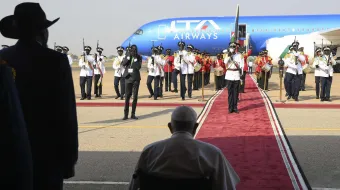 Pope Francis landed in South Sudan on Feb. 3, 2023, becoming the first pope to visit the country and fulfilling a yearslong hope to carry out an ecumenical trip to the war-torn country.