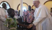 On his second day in the Congolese capital of Kinshasa, Feb. 1, 2023, Pope Francis listened to the stories of victims of violence from the Democratic Republic of Congo’s conflict-ridden eastern region.