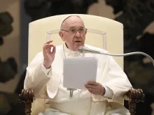 Pope Francis speaks during his weekly general audience on April 6, 2022.