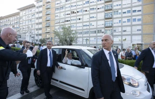 Pope Francis left Rome's Gemelli Hospital shortly before 9:00 a.m. on June 16, 2023. Before returning to the Vatican, he stopped to pray in front of the historic Marian icon of Salus Populi Romani at St. Mary Major Basilica, and made a quick visit to a group of religious sisters close to St. Peter's Square. Vatican Media.