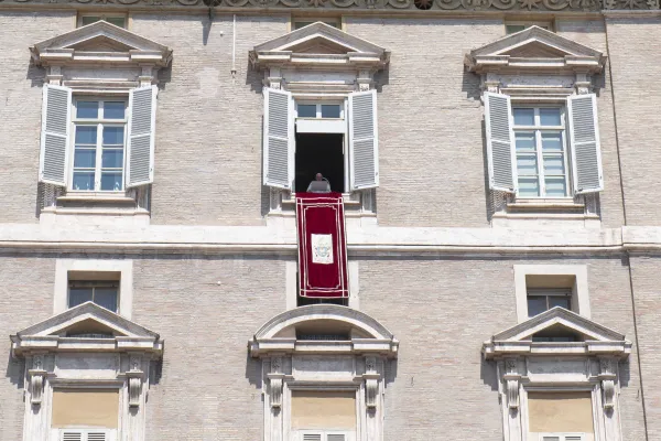 Pope Francis addressed a crowd of 10,000 people from a window overlooking St. Peter’s Square for his Sunday address and Angelus prayer on Aug. 20, 2023. Vatican Media.