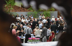 Delegates at the Synod on Synodality participate in small-group round table discussions Oct. 9, 2023. Credit: Vatican Media