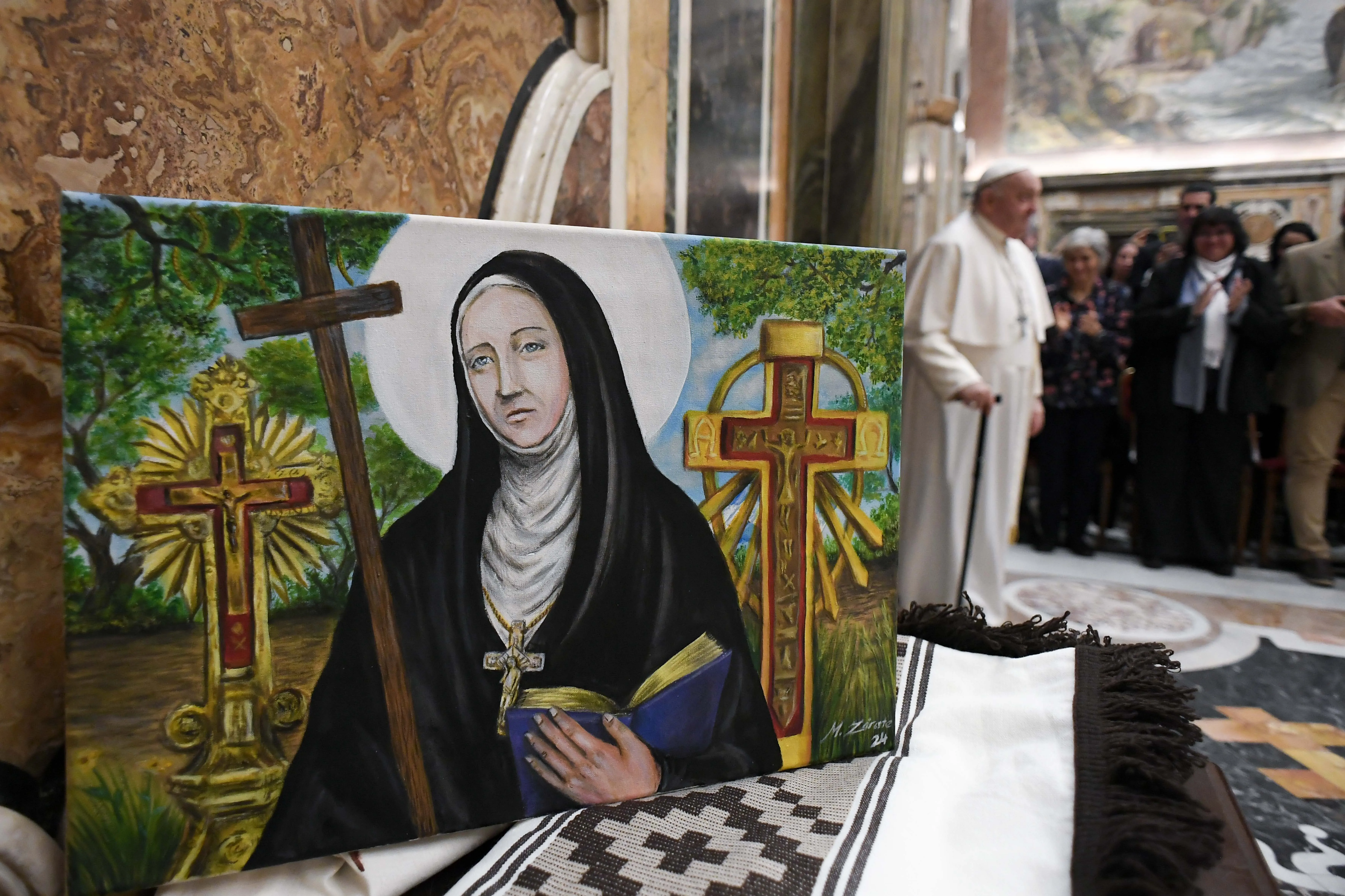 Pope Francis meets with Argentine pilgrims on Feb. 9, 2024, ahead of the historic canonization of the county’s first female saint on Sunday, Feb. 11, 2024.?w=200&h=150