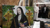 Pope Francis meets with Argentine pilgrims on Feb. 9, 2024, ahead of the historic canonization of the county’s first female saint on Sunday, Feb. 11, 2024.