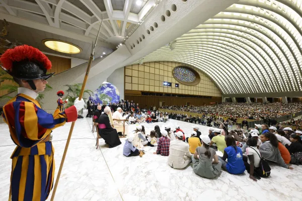 Pope Francis meets with approximately 7,000 children from around the world in the Vatican’s Paul VI Hall on Nov. 6, 2023, in an event sponsored by the Dicastery for Culture and Education dedicated to the theme “Let us learn from boys and girls.”. Credit: Vatican Media