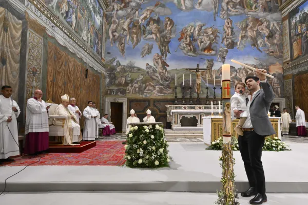 Pope Francis baptizes babies in the Sistine Chapel on Jan. 7, 2024. Credit: Vatican Media