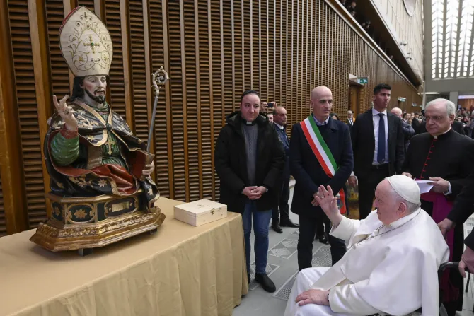 Pope Francis offers a blessing at Pope Francis at his general audience in Paul VI Hall on Feb. 15, 2023.