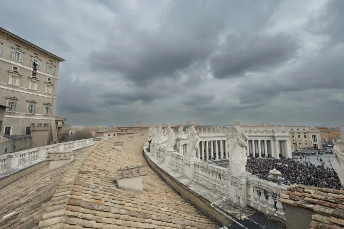 Clouds gathered above St. Peter's Square as Pope Francis gave his Angelus address on Feb. 19, 2023.