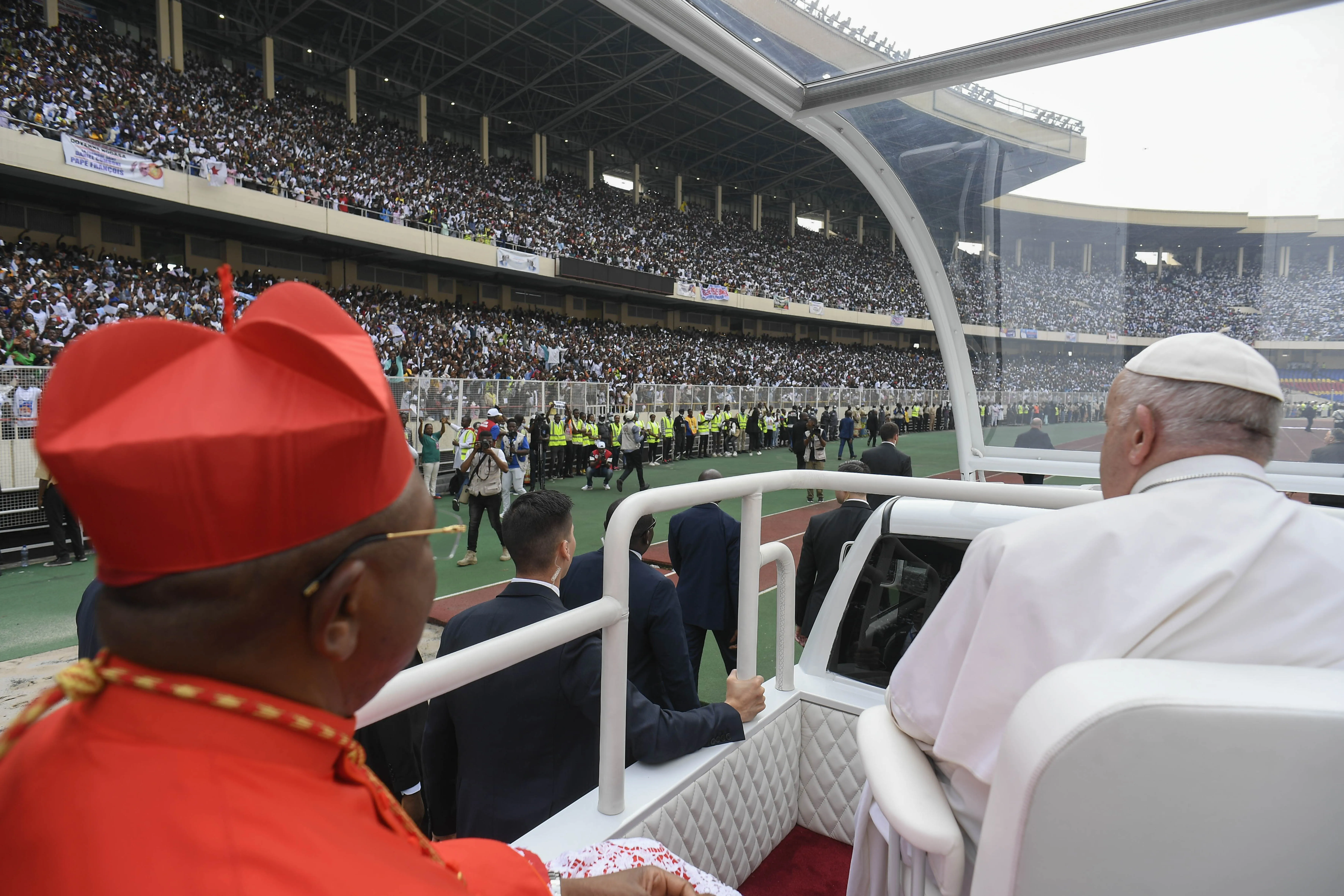 Pope Francis interacted with an energetic crowd of 65,000 young adults and catechists at Martyrs' Stadium in Kinshasa, Democratic Republic of Congo, on Feb. 2, 2023.?w=200&h=150
