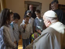 Five children representing five continents speak with Pope Francis in the Apostolic Palace at the Vatican on Oct. 1, 2023. The pope will hold a meeting with children at the Vatican on Nov. 6, 2023.