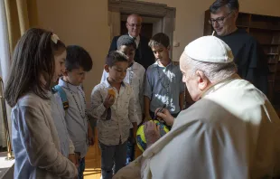 Five children representing five continents speak with Pope Francis in the Apostolic Palace at the Vatican on Oct. 1, 2023. The pope will hold a meeting with children at the Vatican on Nov. 6, 2023. Credit: Vatican Media