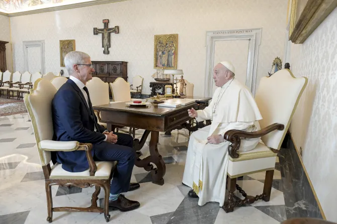 Pope Francis speaking with Apple CEO Tim Cook at the Vatican, Oct. 3, 2022