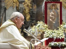 Pope Francis presides at the annual celebration of “first vespers,” or evening prayer, for the vigil of the solemnity of Mary, Mother of God, on Dec. 31, 2023.