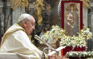 Pope Francis presides at the annual celebration of “first vespers,” or evening prayer, for the vigil of the solemnity of Mary, Mother of God, on Dec. 31, 2023. Credit: Vatican Media