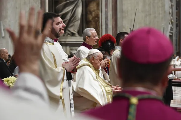 Pope Francis presides at the annual celebration of “first vespers,” or evening prayer, for the vigil of the solemnity of Mary, Mother of God, in St. Peter’s Basilica on Dec. 31, 2023. Credit: Vatican Media