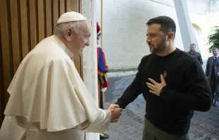 Pope Francis met Ukraine's President Volodymyr Zelenskyy at the Vatican on May 13, 2023, their first meeting since the start of the full-scale war with Russia. Vatican Media.