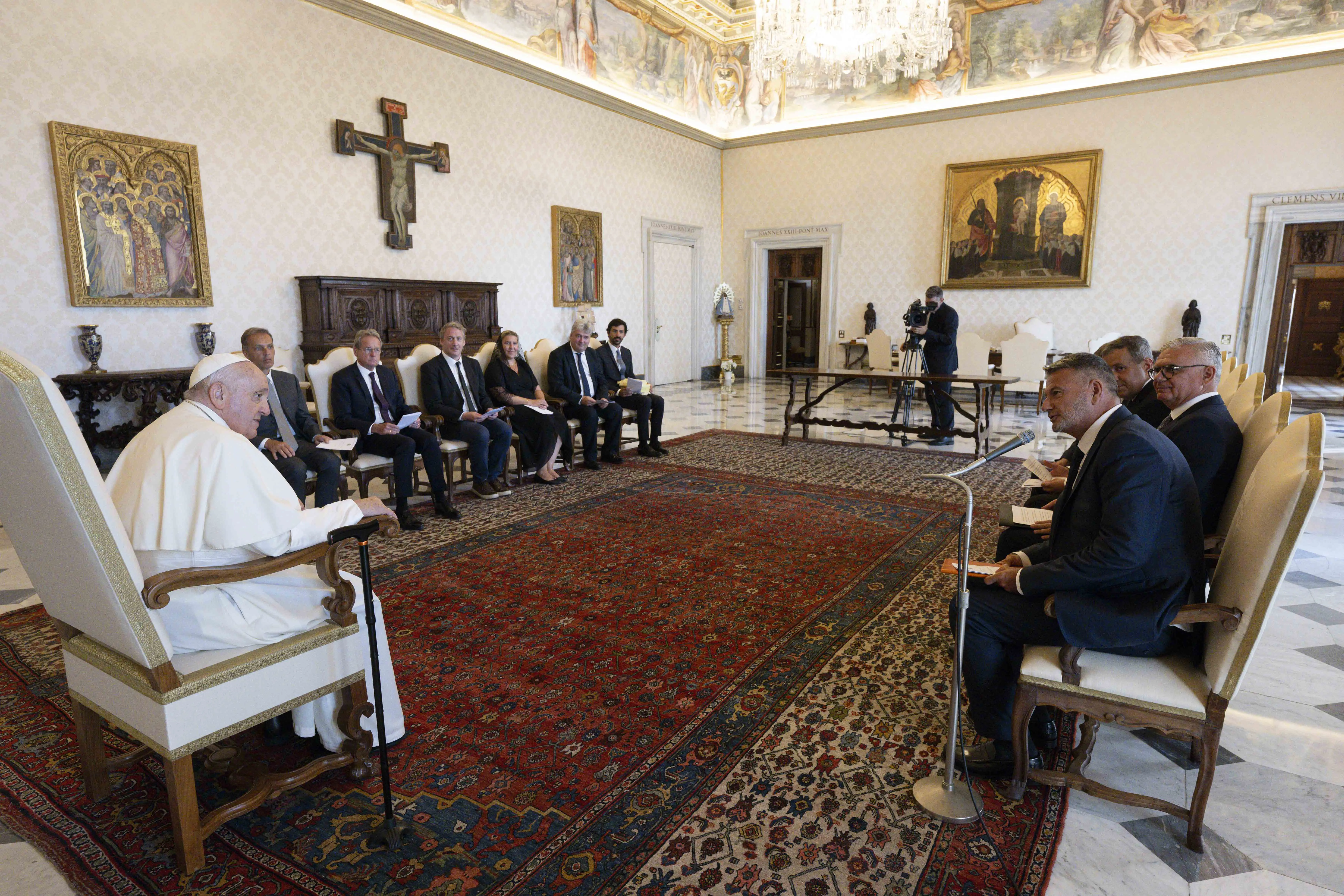 Pope Francis talks with lawyers from the Council of Europe at the Vatican on Monday, Aug. 21, 2023.?w=200&h=150