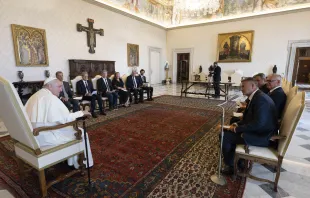 Pope Francis talks with lawyers from the Council of Europe at the Vatican on Monday, Aug. 21, 2023. Credit: Vatican Media