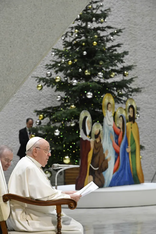 Pope Francis makes his remarks in a Saturday morning audience, Dec. 9, 2023, in Paul VI Hall with two delegations who donated the Christmas tree and the Nativity scene that will be displayed in St. Peter’s Square this year. Credit: Vatican Media