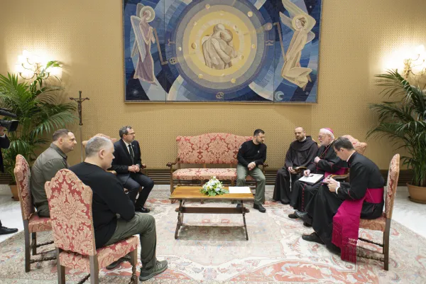 Volodymyr Zelenskyy (center) speaks with Archbishop Richard Gallagher (second from right), secretary for relations with states, in the presence of Ukraine's ambassador to the Holy See, Andrii Yurash (third from left), on May 13, 2023. Vatican Media