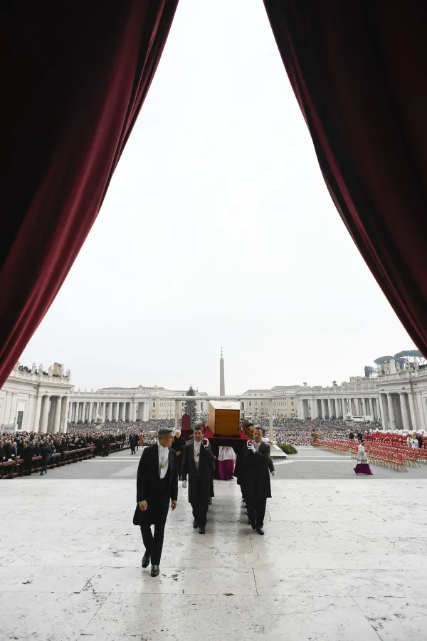 The coffin of Pope Benedict XVI is carried at his funeral Mass on Jan. 5, 2023, at the Vatican. Vatican Media