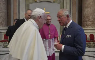 Pope Francis greets His Royal Highness Prince Charles of Wales at the canonization of St. John Henry Newman at the Vatican on Oct. 13, 2019. Vatican Media