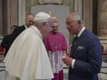 Pope Francis greets His Royal Highness Prince Charles of Wales at the canonization of St. John Henry Newman at the Vatican on Oct. 13, 2019.
