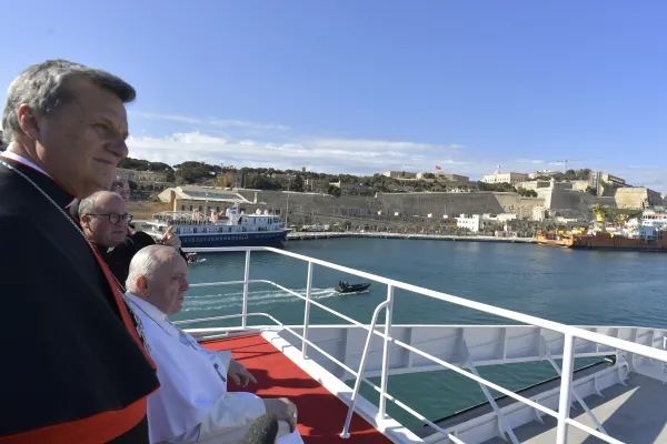 Pope Francis rides aboard the catamaran Maria Dolores on his way to the Maltese island of Gozo to lead a prayer service on April 2, 2022. Vatican Media