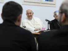 Pope Francis meets with priests of Rome’s 17th prefecture in the Parish of Santa Maria Madre dell'Ospitalità in Villa Verde in Rome on Nov. 16, 2023.