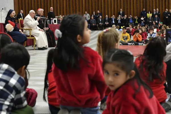 Pope Francis celebrates his birthday Dec. 17, 2023, with children and families who are assisted by the Vatican’s Santa Marta Pediatric Dispensary. Credit: Vatican Media