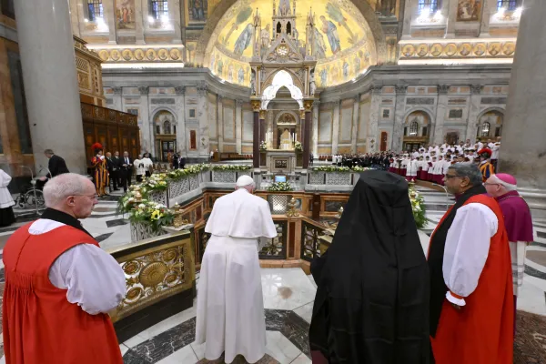 Pope Francis and other Christian leaders pray at the tomb of St. Paul during an ecumenical second vespers at the Basilica of St. Paul Outside the Walls in Rome on the feast of the Conversion of St. Paul, Jan. 25, 2024. Credit: Vatican Media