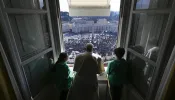 Pope Francis delivers the Sunday Angelus from the window of his study overlooking St. Peter's Square, Jan. 28, 2024.