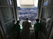 Pope Francis delivers the Sunday Angelus from the window of his study overlooking St. Peter's Square, Jan. 28, 2024.