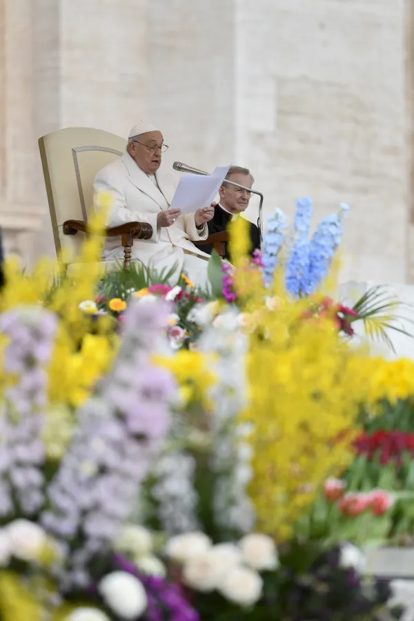 Pope Francis addresses pilgrims gathered in St. Peter's Square during his general audience on April 3, 2024. Credit: Vatican Media
