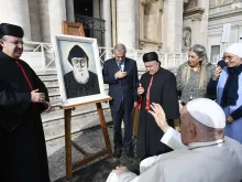 Pope Francis blesses a mosaic of St. Charbel after his general audience Nov. 15, 2023, in St. Peter’s Square.